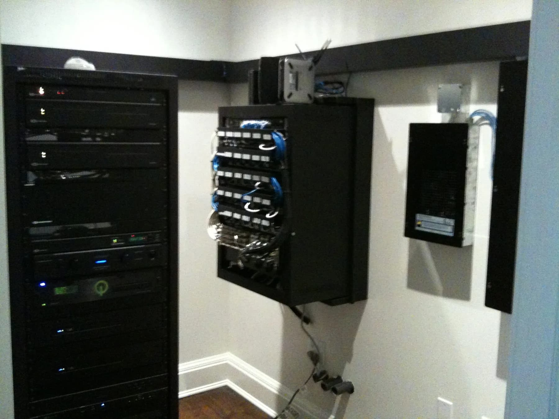 Daisy equipment racks in an AV closet